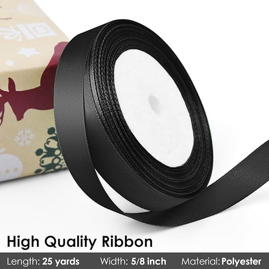 25 Yards 5/8 inch Satin Ribbon, Solid Color Fabric Ribbon Perfect for Gift Wrapping, Wedding, Handmade Bows, Floral Bouquets and Party Decoration(Black)