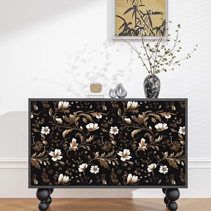 Vintage Wallpaper Peel and Stick Black Floral Wallpaper Black White Wall Paper Vintage Leaf Contact Paper Waterproof Self-Adhesive Wall Covering for Bedroom Countertop Desk Cabinet 17.4" x 393"