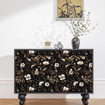 Vintage Wallpaper Peel and Stick Black Floral Wallpaper Black White Wall Paper Vintage Leaf Contact Paper Waterproof Self-Adhesive Wall Covering for Bedroom Countertop Desk Cabinet 17.4" x 393"