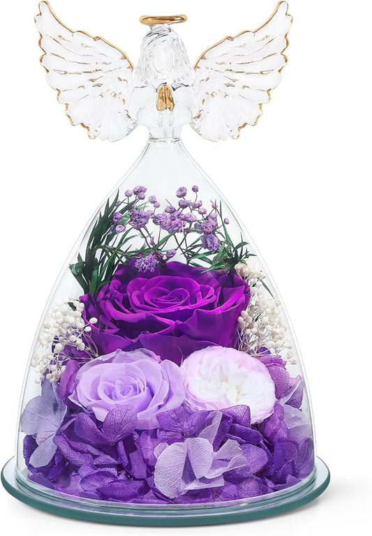 FIACO Gifts for Women Mom Christmas Preserved Rose Fresh Flowers for Delivery Birthday Gifts for Grandma Mother Wife Friends Forever Flower Eternal Purple Roses in Glass Angel Figurines