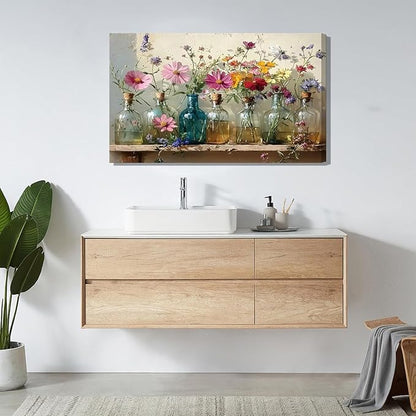 1Pcs Framed Retro Farmhouse Flowers Canvas wall art Colorful wildflowers Posters Prints Colored glass bottles Artwork Pictures Printing Wall Decor for Living Room Bedroom Bathroom Home Decoration