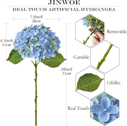 4Pcs Hydrangea Artificial Flowers, 20" Lifelike Latex Silk Real Touch Faux Hydrangea Flowers, Artificial Hydrangeas Bouquet for Wedding Centerpieces Tables Party Home (Blue)