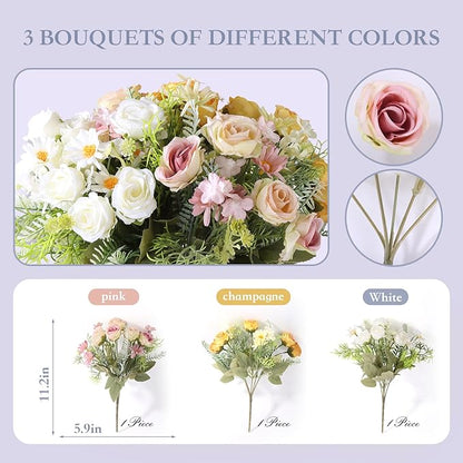 Artificial Flowers 3 Pack Artificial Fake Flowers Bouquet Wedding Bouquets Decorations Plastic Floral for Party Home Décor