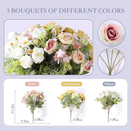 Artificial Flowers 3 Pack Artificial Fake Flowers Bouquet Wedding Bouquets Decorations Plastic Floral for Party Home Décor