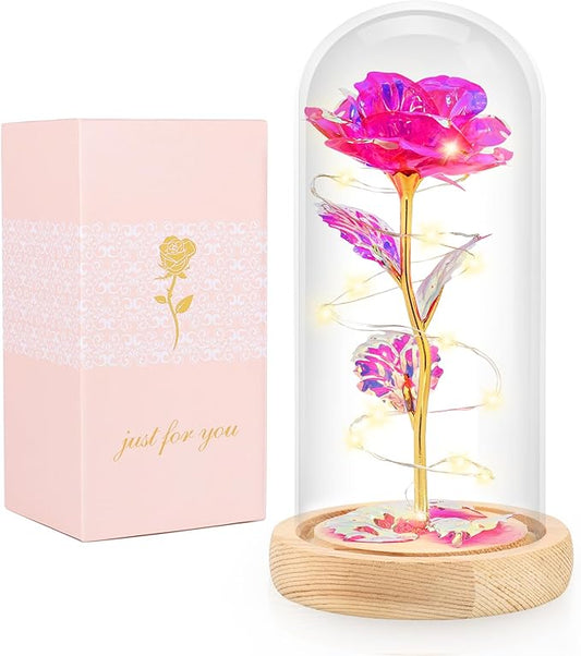 Beferr Mom Birthday Gifts for Women, Galaxy Glass Rose Forever Preserved Flowers for Delivery Prime Light Up Rose in Glass Dome Christmas Rose Gifts for Her Wife Daughter Friends, Pink