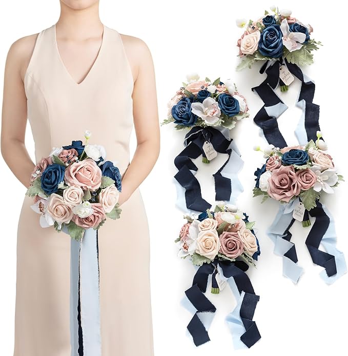 Ling's moment Artificial Flowers Dusty Rose Pink & Navy Blue Bridesmaid Bouquet Set of 4, Wedding Flowers Bouquets for Bridesmaids, 7 Inch Bridal Bouquets for Bridesmaids, Wedding, etc