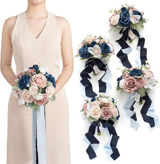 Ling's moment Artificial Flowers Dusty Rose Pink & Navy Blue Bridesmaid Bouquet Set of 4, Wedding Flowers Bouquets for Bridesmaids, 7 Inch Bridal Bouquets for Bridesmaids, Wedding, etc