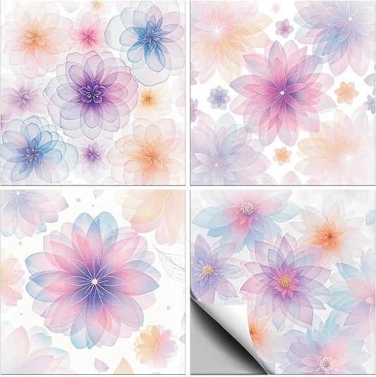 CHGCRAFT 36 Pcs 4 Style Wall Stickers Pastel Flowers Peel and Stick Wall Tile Sticker Crystal Dreamy Flower Waterproof Self Adhesive Stick on Tile Decals for Kitchen Bathroom Art Decor, 4×4 Inch
