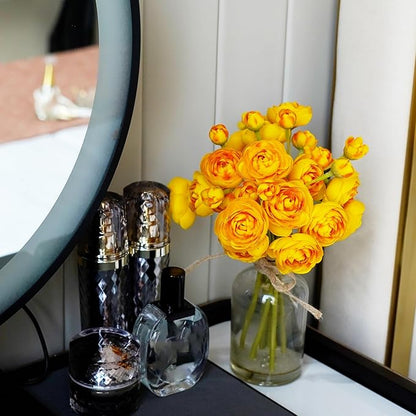 Ranunculus Artificial Flowers with Vase, 8 Pcs Faux Silk Ranunculus Flower in Vase, Small Flower Arrangements for Home Decor Indoor, Table Centerpiece. (Yellow)