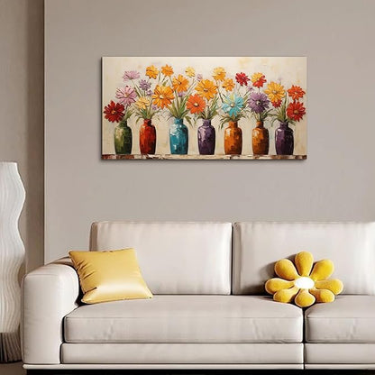 Colorful Daisy Floral Canvas Wall Art, Modern Abstract Flower in Vase Pictures for Living Room Bedroom Office Wall Decor, Horizontal Printed Painting Artwork Home Decorations, Size 40x20 Inches