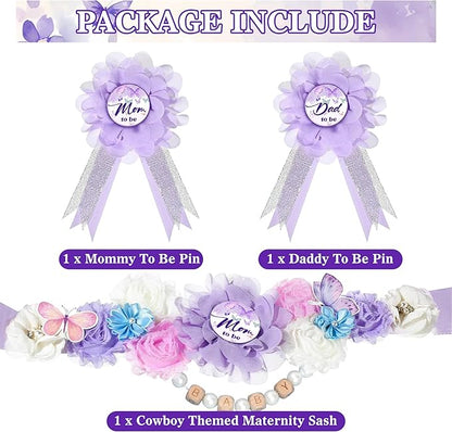 INSYOHO Butterfly Baby Shower Decorations - Adjustable a Little Butterfly is on Her Way Theme Maternity Belt with Purple Flowers Baby Shower Decorations, Gender Reveal Party Supplies for Mom to Be