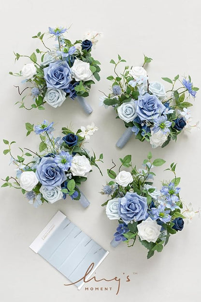 Ling's moment Artificial Flowers Dusty Blue Bridesmaid Bouquet Set of 4, Blue & Ivory Wedding Flowers Bouquets for Bridesmaids, 7 Inch Bridal Bouquets for Bridesmaids, Wedding, etc
