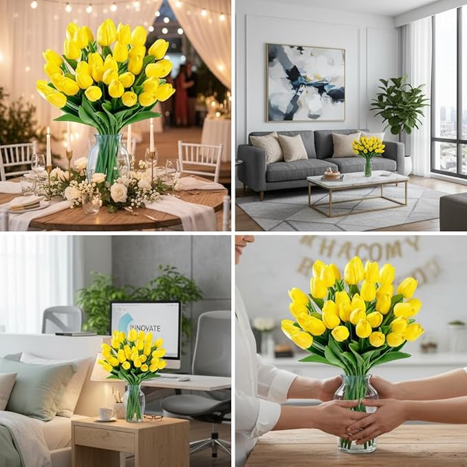 Yellow Faux Tulips (20 Pcs) - Premium PU Artificial Flowers for Christmas & Thanksgiving Table Setting, Winter DIY Home Decor - 13.5" Real Touch