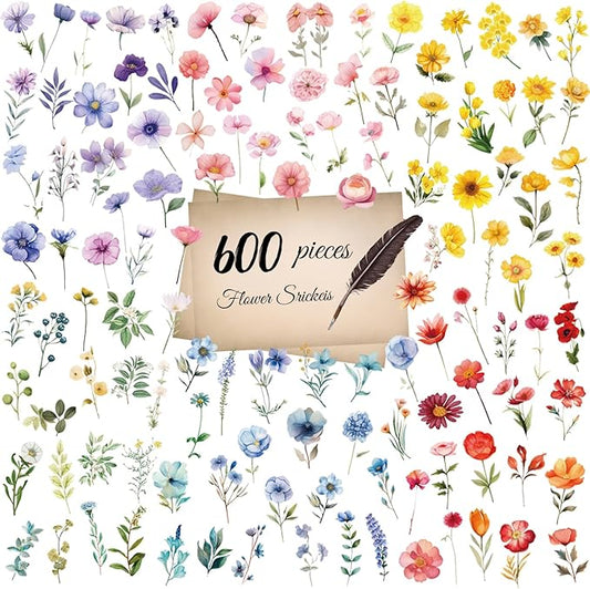 600Pcs Natural Flower Stickers,Self-Adhesive PVC Vintage Flower Stickers for Scrapbook,Laptop,Journal,DIY Project