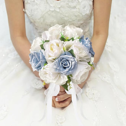Wedding Bouquets for Bride - Realistic Silk Flowers Artificial Roses, 8 Inch Bridesmaid Bouquet for Ceremony, Church, Anniversary, and Home Decoration (White & Blue)