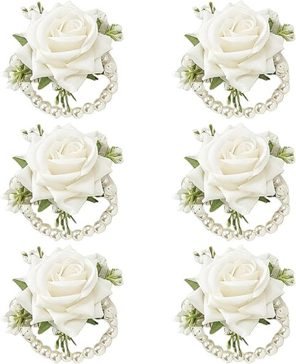 6 PCS Artificial Flowers Wrist Corsage Wristlet Band，Wedding Ball Accessories for Brides, Grooms, Bridesmaids