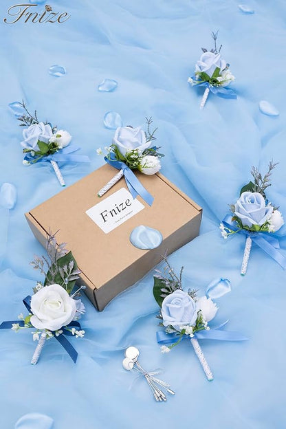 Fnize Blue Boutonniere for Men, 6 Pcs Groom Groomsmen Boutonnieres, Artificial Flowers for Wedding Prom Homecoming