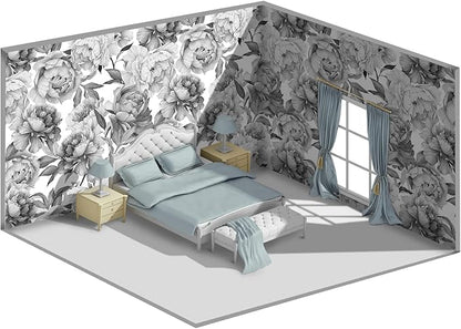 Grey Peony Floral Wallpaper Bedroom Black and White Botanical Flowers Leaf murals Aesthetic Room Decor Living Room tv Background Large Wall Mural - 274"x96" Not Peel and Stick