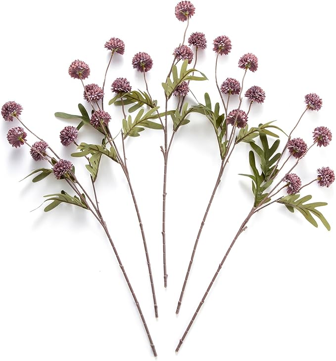Artificial Kiku Flower - 5 Pcs Fake Pompon Mums Silk Small Chrysanthemum Faux Ball Fall Flower Stem Decor for Autumn Wedding Filler DIY Bouquet Centerpieces Arrangements Shower (Grey Purple)
