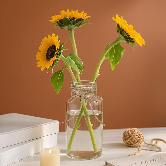 Vintage Glass Flower Vase Set of 8 Clear Vases with Hemp Rope for Farmhouse Wedding Centerpiece Cylinder Bottle for Reception Table Decoration Home Decor Floral Arrangements（Medium）