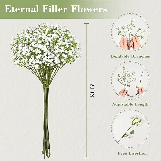 Yastouay Babys Breath Artificial Flowers, 21Pcs Fake White Babys Breath Flowers Artificial Bulk, Real Touch Faux Babies Breath Gypsophila Bouquet for Wedding Floral Arrangement Party Decor