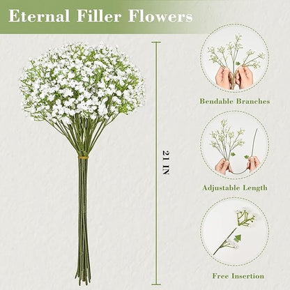 Yastouay Babys Breath Artificial Flowers, 21Pcs Fake White Babys Breath Flowers Artificial Bulk, Real Touch Faux Babies Breath Gypsophila Bouquet for Wedding Floral Arrangement Party Decor