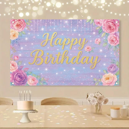 71 x 43 Inch Happy Birthday Backdrop Purple Pink Floral Glitter Rose Birthday Party Decorations Banner for Girls Women Kids Birthday Supplies Photo Booth Wall Backdrop Photography Props