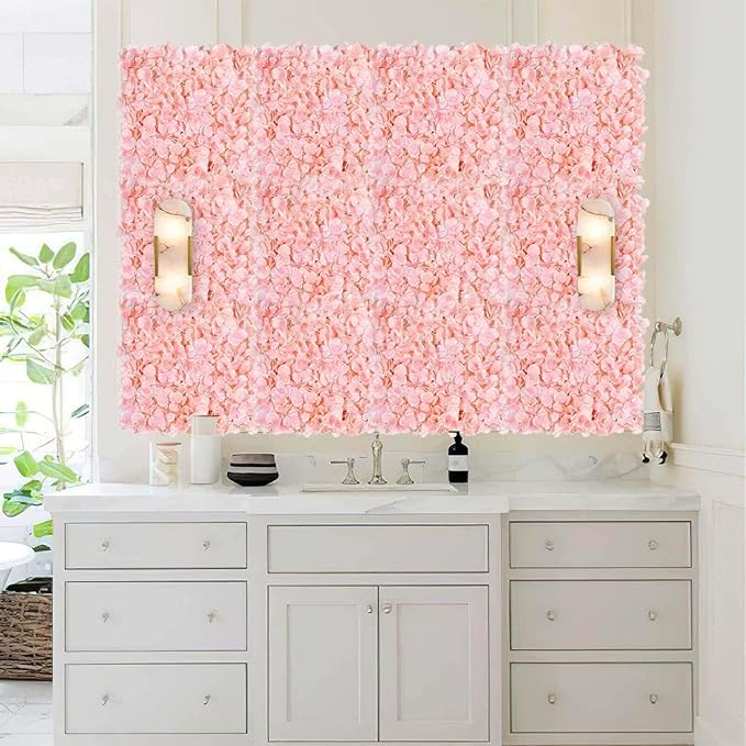 Flower Wall Panel Wedding Backdrop: 12 Pcs Artificial Flower Wall Backdrop 3D Silk Hydrangea Floral Wall for Bridal Shower Party Birthday Decoration (Blush, 15 x 15 Inch)