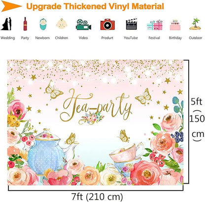 Pink Floral Tea Party Backdrop Glitter Gold Dots Butterfly Lets Partea Photography Background for Women Birthday Bridal Baby Shower Decorations Girls Wonderland Party Banner Photo Booth Supplies 7x5ft