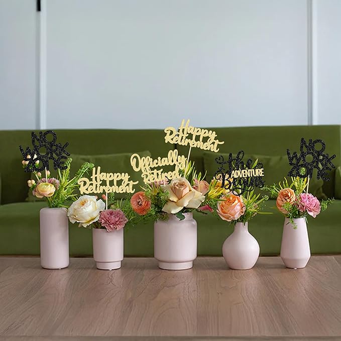 Ephlyn 16Pcs Happy Retirement Centerpiece Sticks Officially Retired Table Flower Centerpieces Sticks No Work Zone Floral Decorations for Farewell Birthday Party Centerpieces Supplies Black Gold