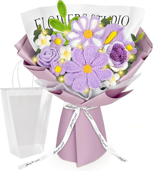 Crochet Flower Bouquet, Purple Knitted Flowers, Handmade Crochet Roses Calla Lily Gasang for Lover Anniversary Birthday Party Mother's Day Graduation Gifts (Purple)