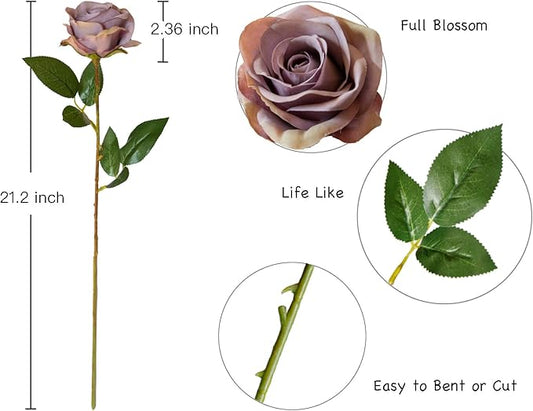 DuHouse 10pcs Fake Roses Artificial Silk Flowers Faux Rose Flower Long Stems Bouquet for Arrangement Wedding Centerpiece Party Home Kitchen Decor (Fall Purple)