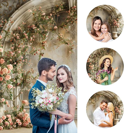12x8ft Pink Flowers Backdrop Vintage Old Building Wall Spring Roses Floral Photography Bckground for Wedding Birthday Bridal Shower Mothers Day Womens Day Girls Women Mother-to-be Portrait