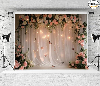 7x5ft Pink White Rose Flowers Wedding Backdrop White Curtain Glitter Light Butterfly Decoration Photography Background Children Baby Shower Birthday Party Shoot Backdrop for Video Studio Prop