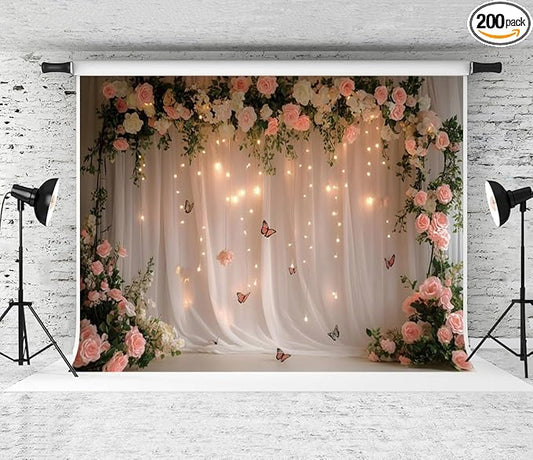 7x5ft Pink White Rose Flowers Wedding Backdrop White Curtain Glitter Light Butterfly Decoration Photography Background Children Baby Shower Birthday Party Shoot Backdrop for Video Studio Prop