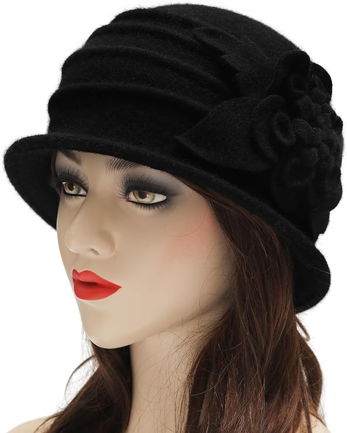 ZLYC Women Wool Cloche Bucket Hat 1920s Vintage Dress Winter Hats with Flower Accent
