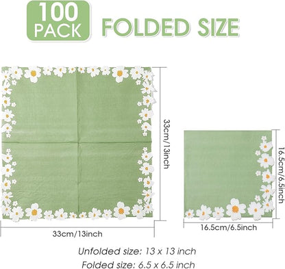 100 Pack Floral Napkins Decorative, Green & White Flowers Dessert Napkins 4-Ply Disposable Paper Luncheon Dinner Napkins for Wedding Birthday Baby Shower Bridal Party Picnics Folded 6.5 x 6.5 Inches