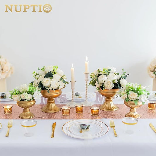 Nuptio Gold Vases for Centerpieces - 10 Pcs, 6.5in Height Metal Urn Planter Elegant Wedding Centerpieces for Tables - Trumpet Vase for Weddings and Party Decoration