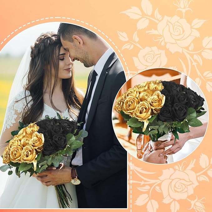 30pcs Fake Roses Artificial Silk Flowers Long Stems Bouquet for Wedding Bridal Shower Party Home Decoration (Black + Gold)