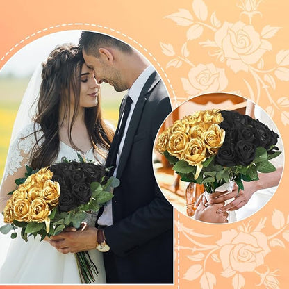 30pcs Fake Roses Artificial Silk Flowers Long Stems Bouquet for Wedding Bridal Shower Party Home Decoration (Black + Gold)