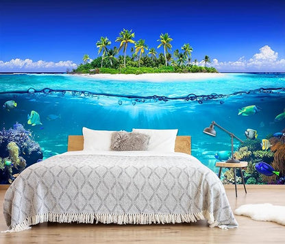 Tropical Islands and Coral Reefs, Waterline Split Landscape Mural, Beach Coconut Tree Wall Mural（Non-self-Adhesive）
