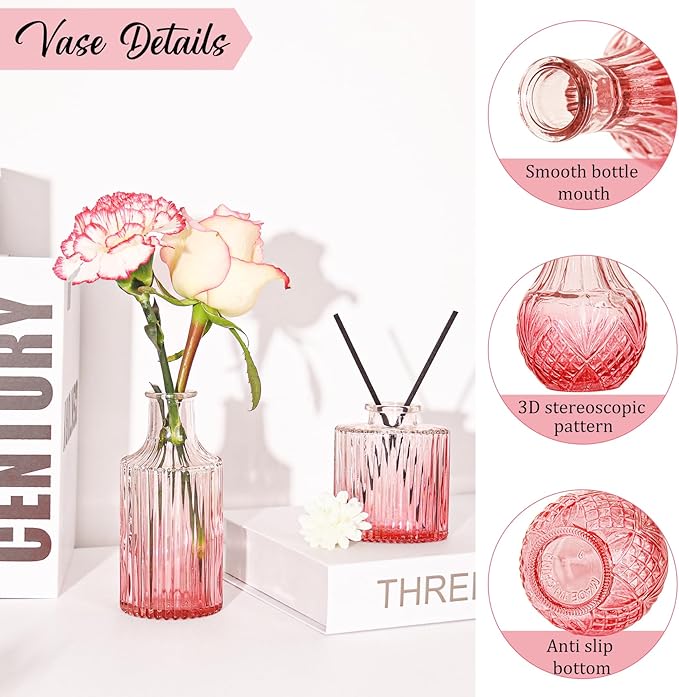 36Pcs Bud Vases Set Small Vintage Glass Bottles Pink Bud Vases in Bulk Multiple Shape Cute Glass Vases for Rustic Wedding Centerpieces Table Decorations and Home Decor(Pink)
