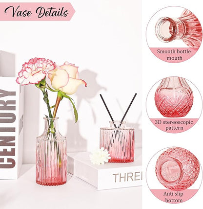36Pcs Bud Vases Set Small Vintage Glass Bottles Pink Bud Vases in Bulk Multiple Shape Cute Glass Vases for Rustic Wedding Centerpieces Table Decorations and Home Decor(Pink)