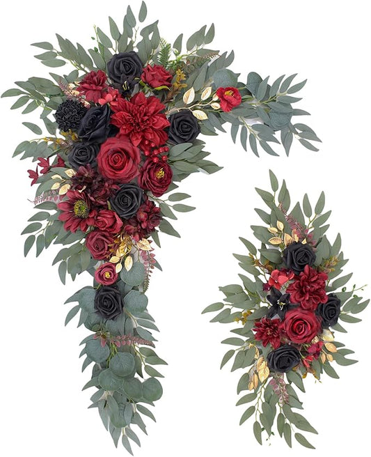 Artificial Flowers Wedding Arch Decor Arch Flowers (Set of 2) for Wedding Welcome Sign and Backdrop Decoration (Vintage red)
