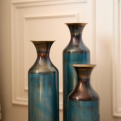 Metal Floor Vases Decorative, Set of 3 Flower Arrangement Stand, Tall Blue Metal Floor Vases for Living Room, Bedroom & Entryway, 28.34", 24.4", 20.4" H (Aqua Blue)