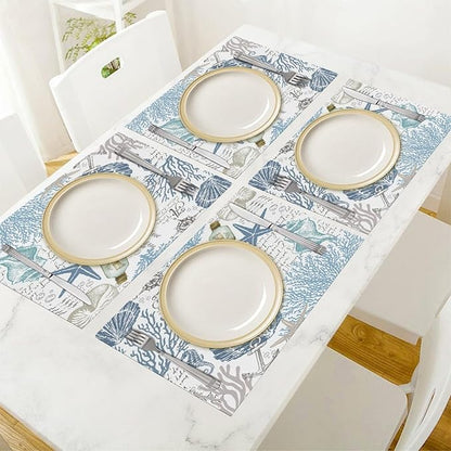 Nautical Placemats Set of 4,Summer Starfish Beach Theme Ocean Seashell,Blue Coastal Linen Fabric Table Mats for Home Kitchen Dining Party Decor 4 PCS