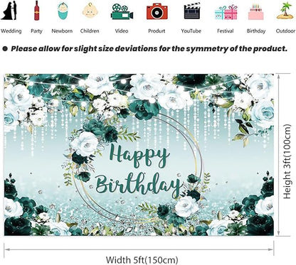 Renaiss 6x4ft Floral Happy Birthday Backdrop for Woman Fabric Green White Flowers Blooming Flower Photography Background Shinning Diamond Photo Backdrops for Birthday Party Supply