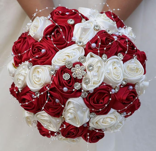 Bridal Wedding Bouquet Round Bling Brooch Bouquet Throw Toss Artificial Rose Flower Bunch for Bride Bridesmaid Wedding Quinceanera(Ruby Red & Ivory, 9.8")