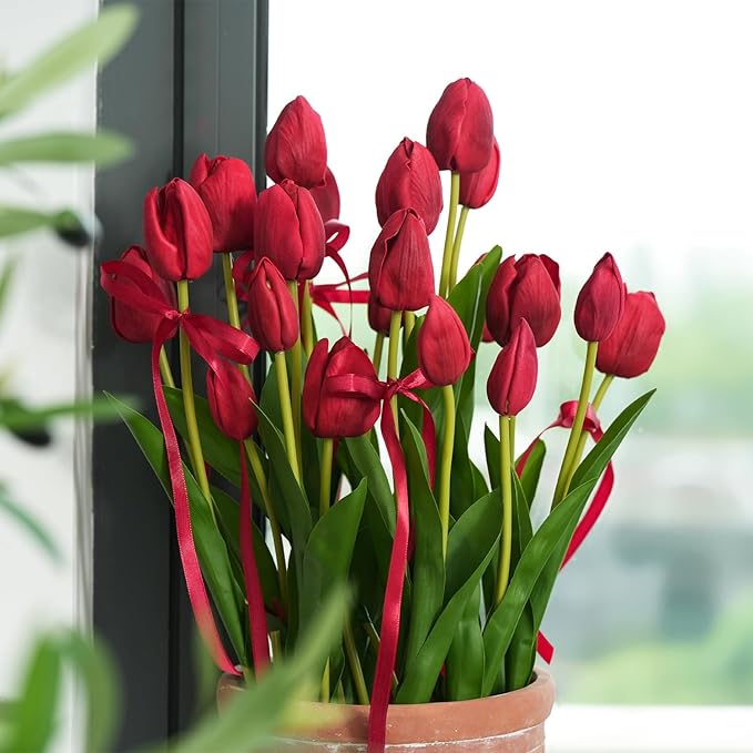 Real Touch Artificial Tulips, 20pcs Fake Tulip Flowers Stem, PU Faux Tulips 19.7” for Mother's Day, Home Decor, Wedding, Easter Valentine's Gift, Table Centerpiece, Floral Arrangements, Red