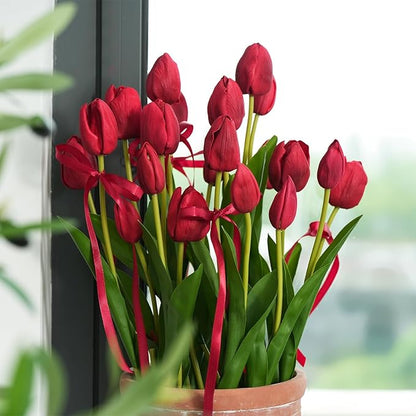 Real Touch Artificial Tulips, 20pcs Fake Tulip Flowers Stem, PU Faux Tulips 19.7” for Mother's Day, Home Decor, Wedding, Easter Valentine's Gift, Table Centerpiece, Floral Arrangements, Red